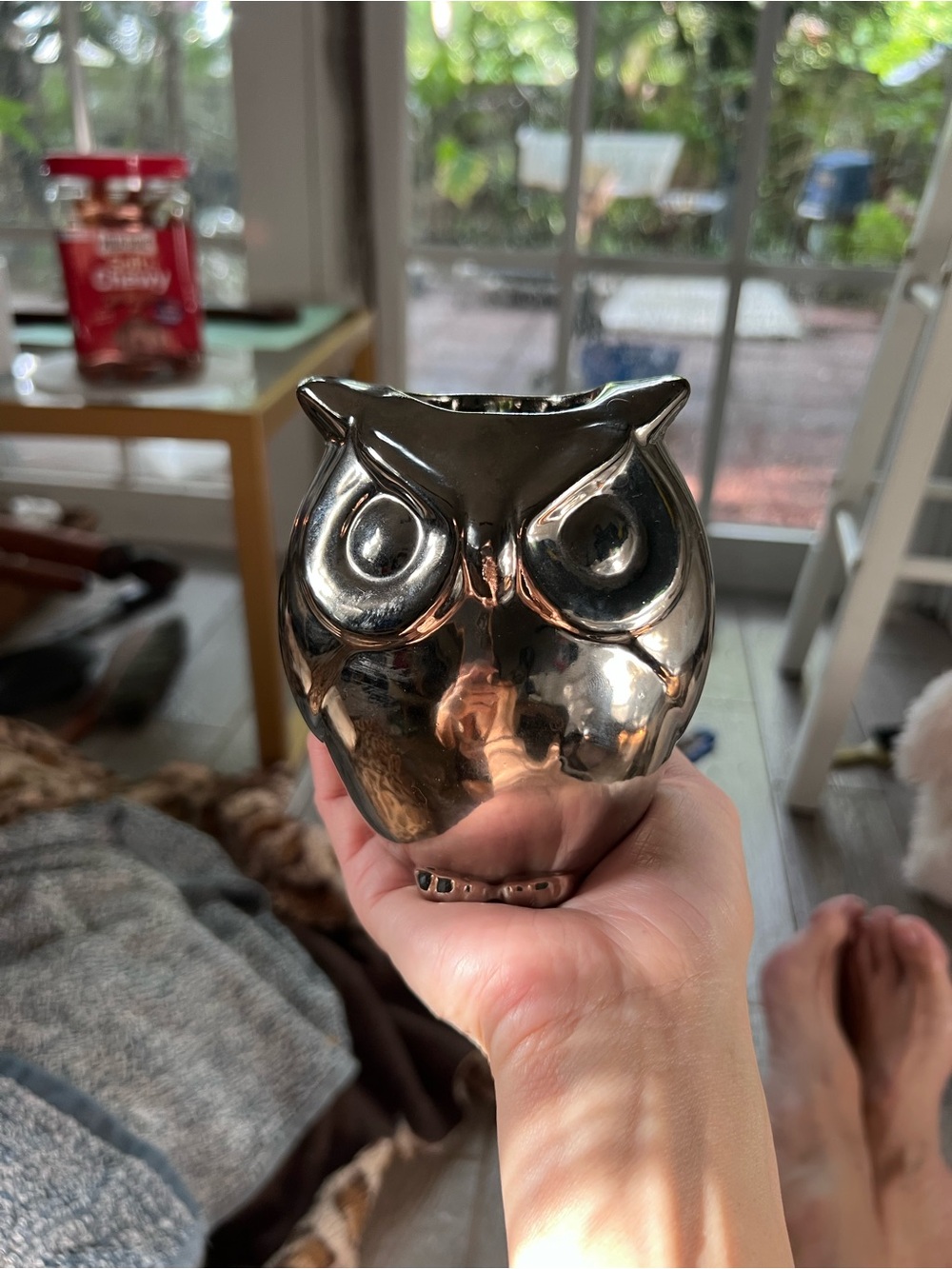 Silver Ceramic Owl Decorative Tealight holder Good Condition